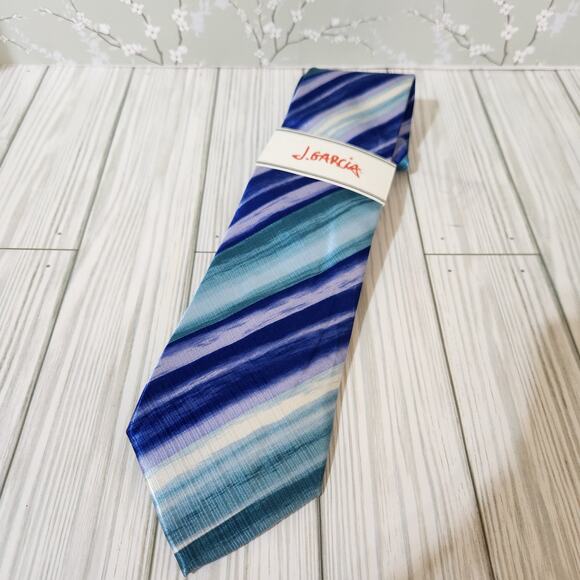 NWT J. Garcia Blue Northern Lights 100% Silk Watercolor Stripe Classic Men Tie - Picture 1 of 10
